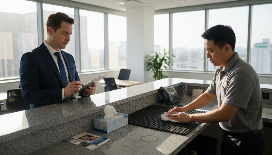 Manager inspects non slip counter mat at reception