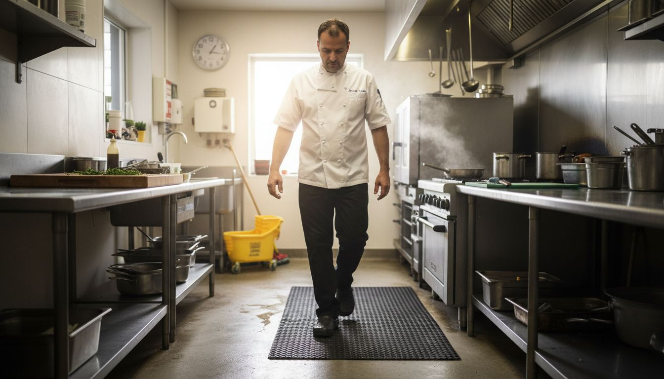 Chef walking on non slip kitchen rug