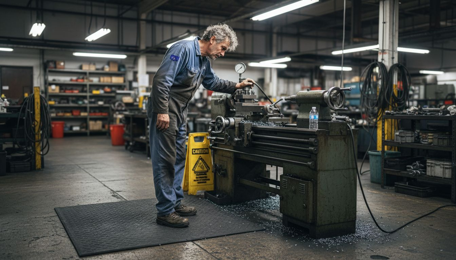 Factory worker standing on anti-fatigue mat