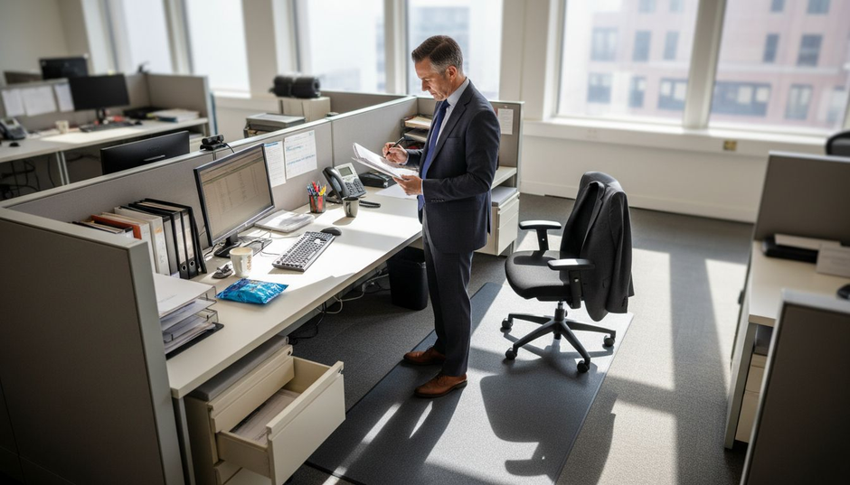 Office manager using anti fatigue mat