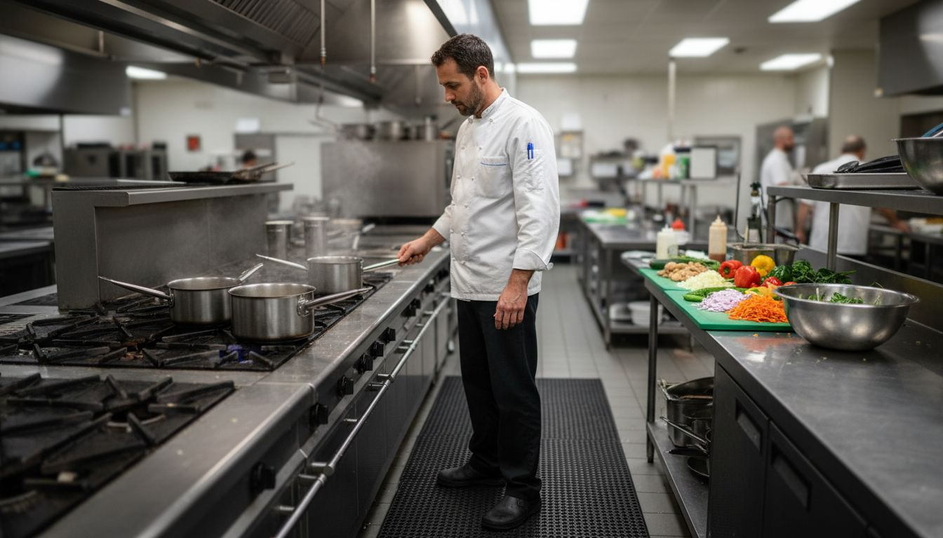 Chef standing on slip-resistant kitchen mat