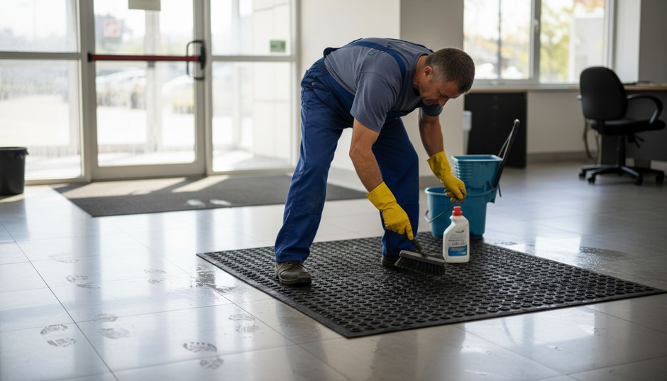 Janitor cleaning rubber floor mat in office lobby
