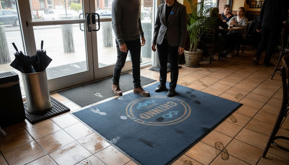Restaurant manager inspecting entry floor mat