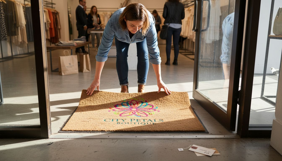 Store manager adjusting branded door mat