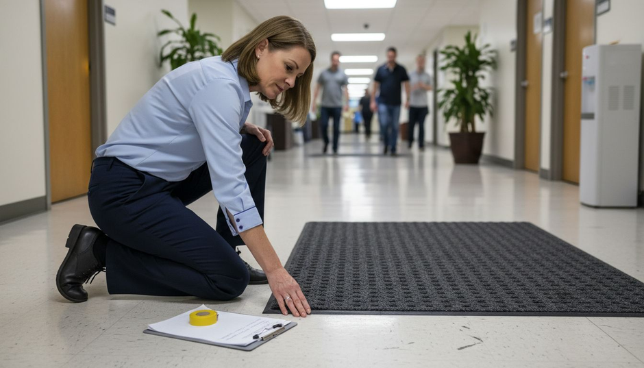 Facility manager checks hallway safety mat