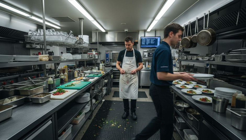 Chef in restaurant kitchen on rubber mats