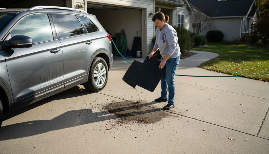 Woman shaking out car mat in driveway
