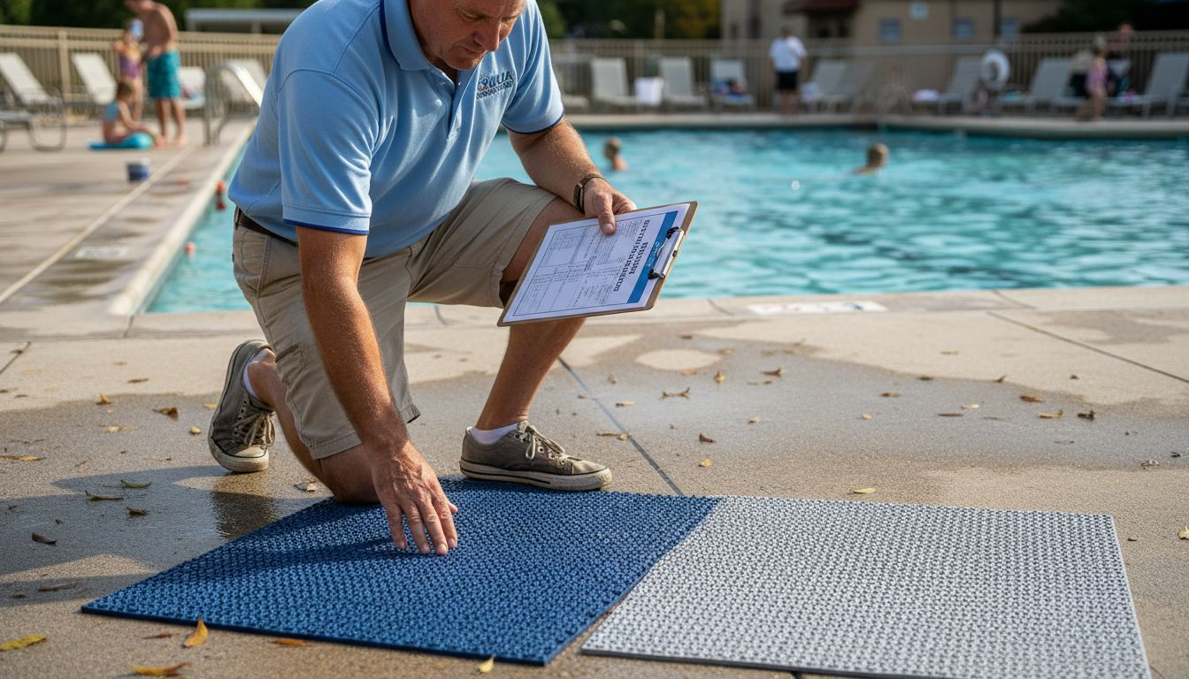 Manager comparing poolside outdoor mats