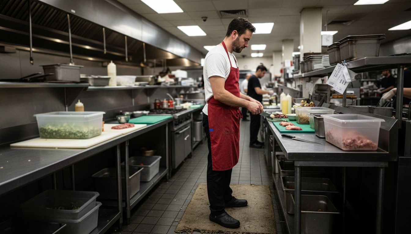Line cook using anti fatigue mat in kitchen