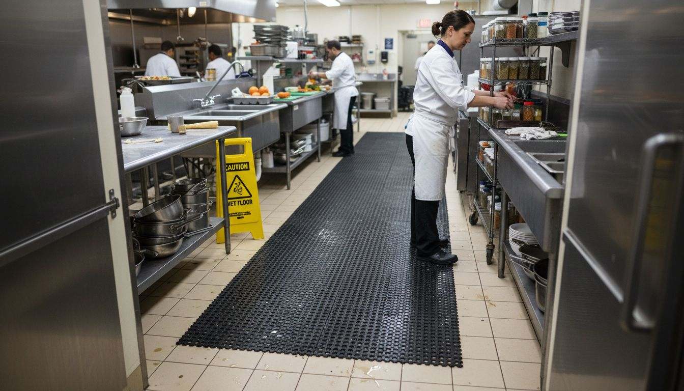 Worker in commercial kitchen on large safety mat