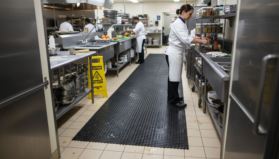 Worker in commercial kitchen on large safety mat