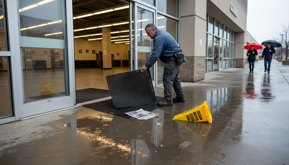 Worker placing outdoor mat in wet entry