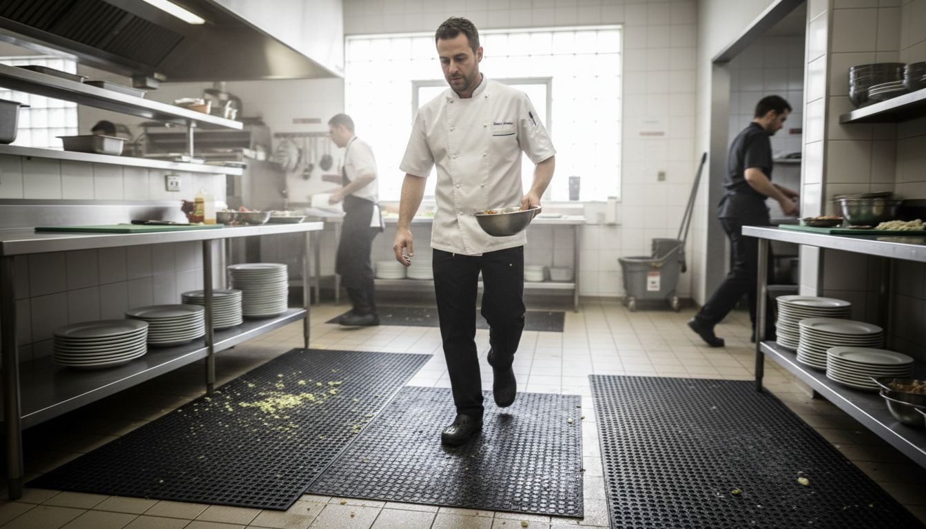 Chef navigating restaurant kitchen with safety mats
