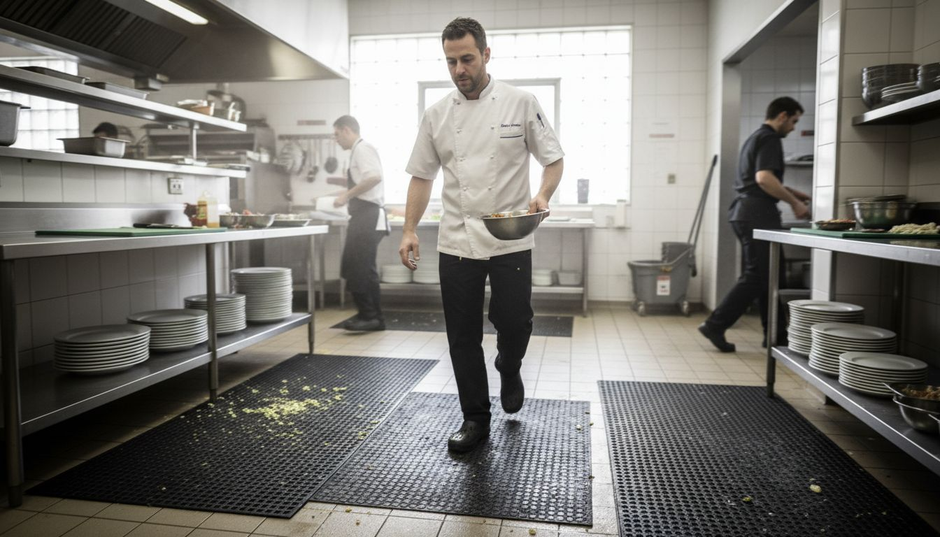 Chef navigating restaurant kitchen with safety mats