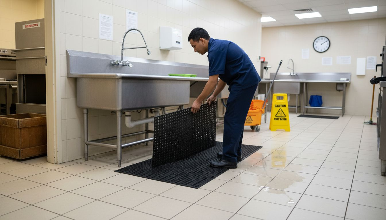 Janitor placing rubber mat in wet kitchen area