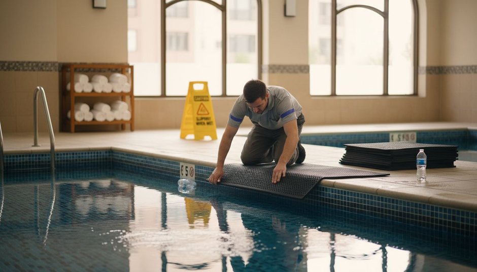 Worker installing rubber safety mats at hotel pool