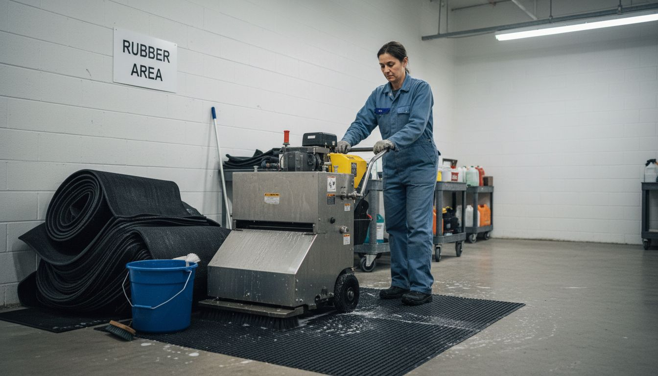 Worker using rubber mat cleaning machine