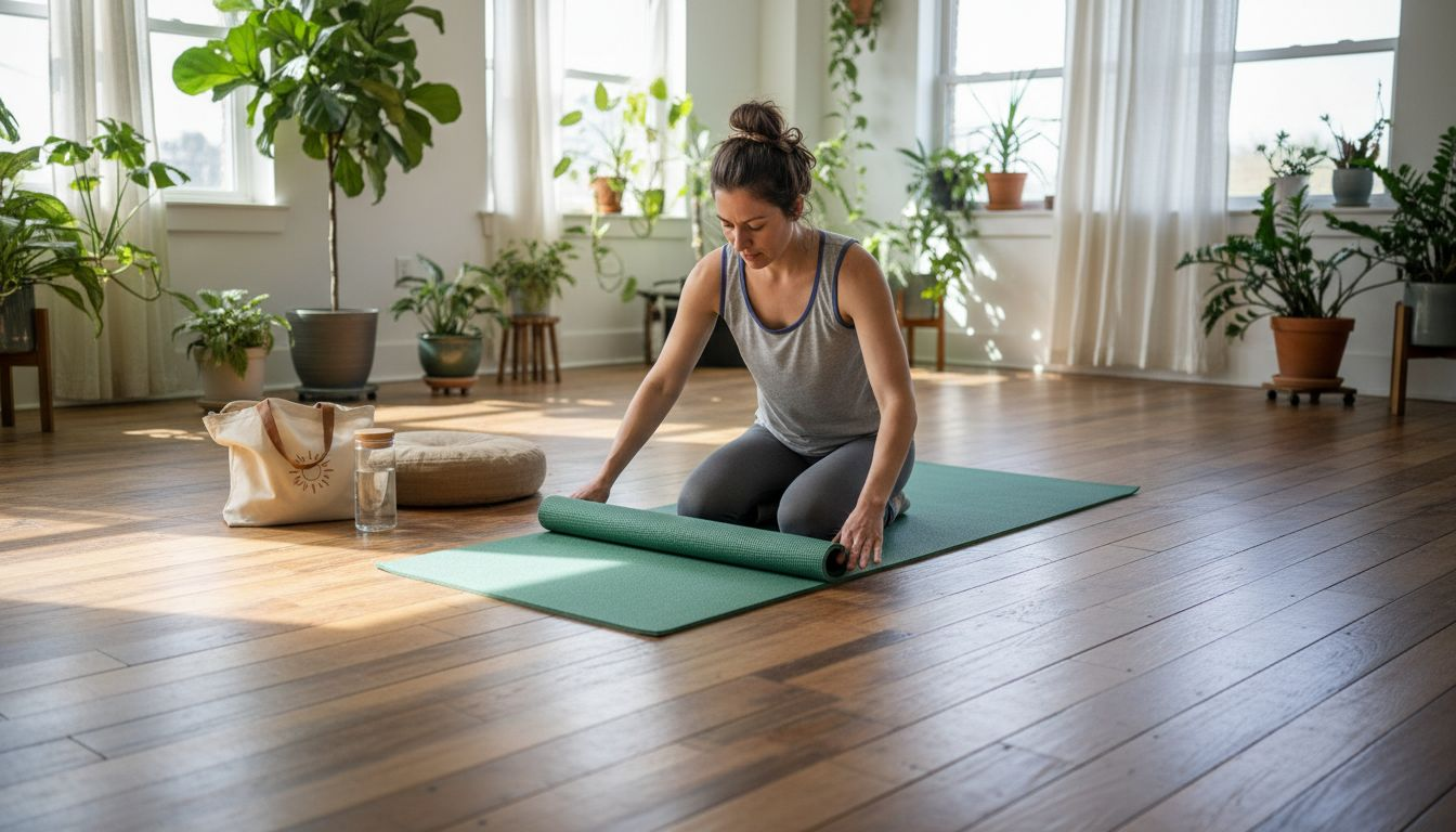 Woman rolling out EVA yoga mat in sunlit eco studio