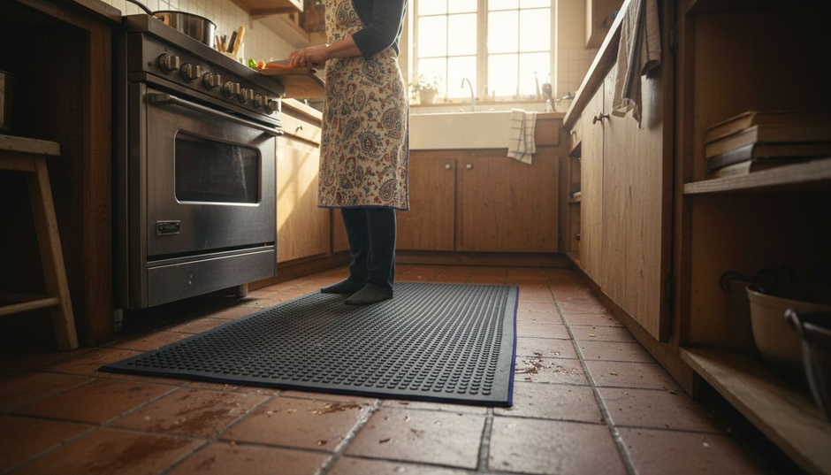 Woman preparing food on non-slip kitchen mat