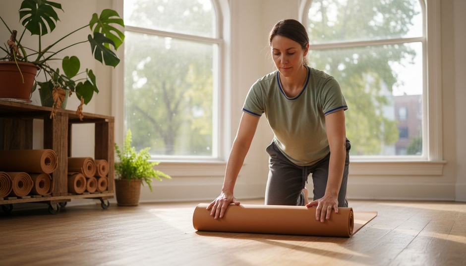 Instructor unrolling eco yoga mat in bright studio