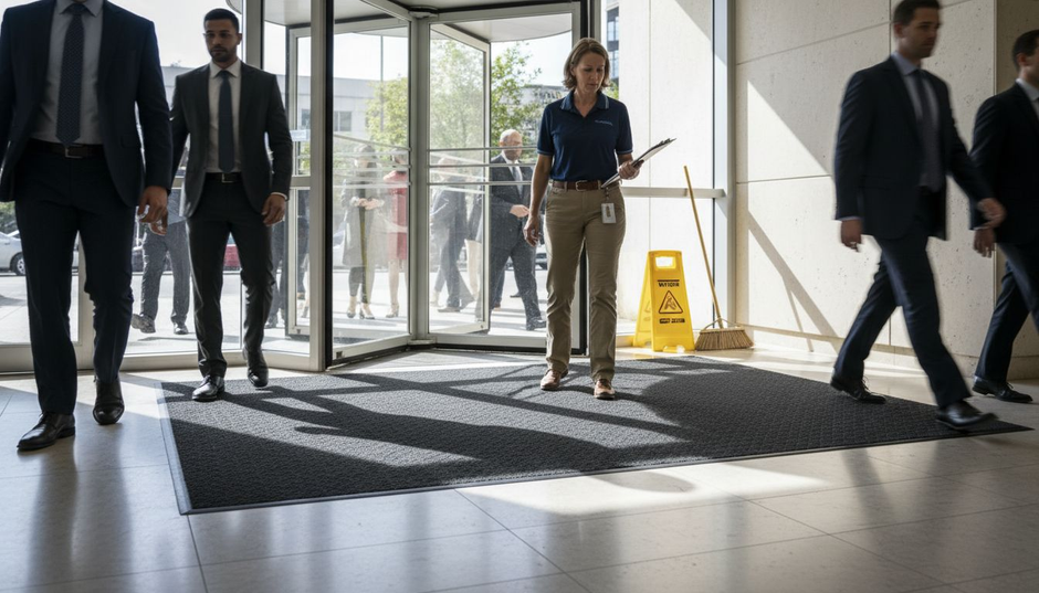 Building manager inspecting slip-resistant entrance mat