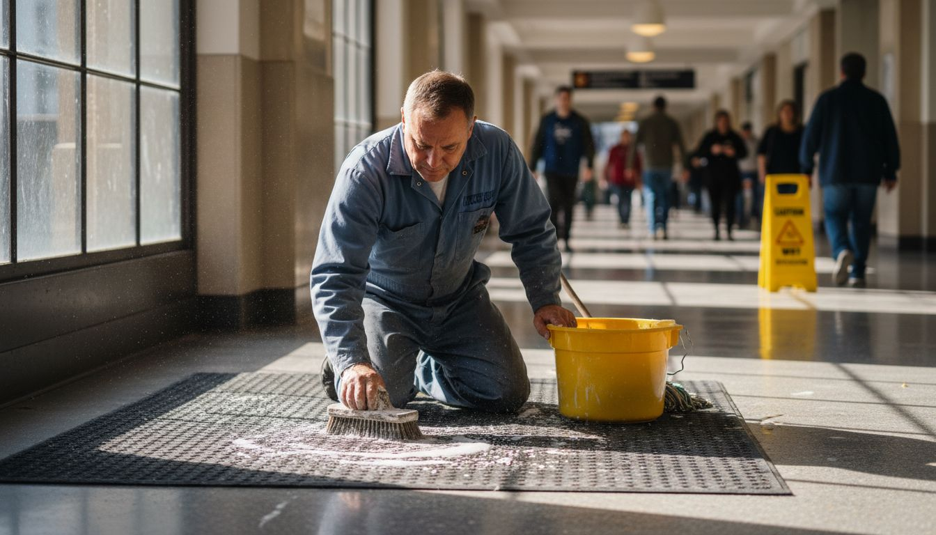 Janitor scrubbing a rubber mat floor