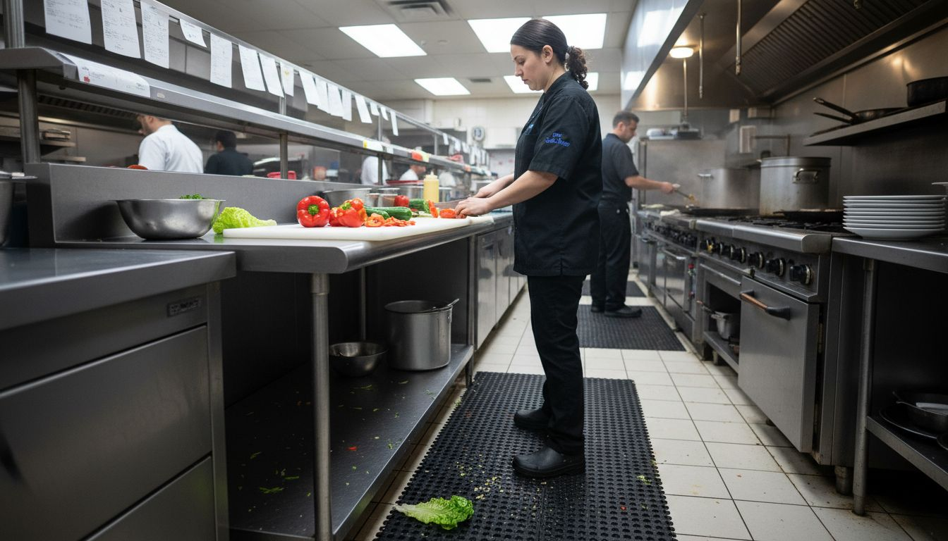 Kitchen worker using anti-fatigue floor mat