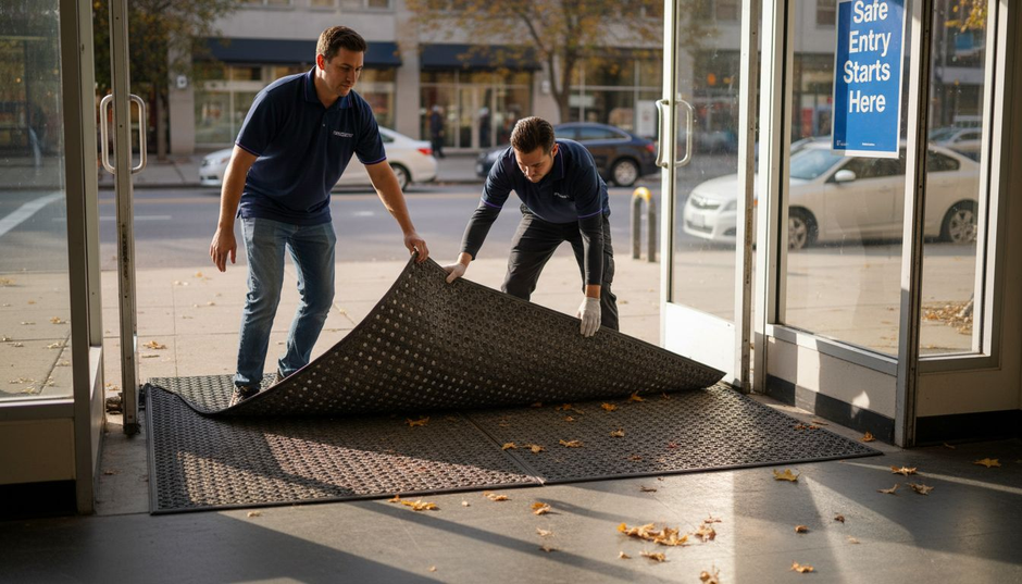 Retail store entrance with staff laying mats