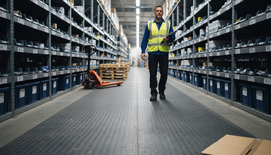 Warehouse supervisor walking on heavy duty mat
