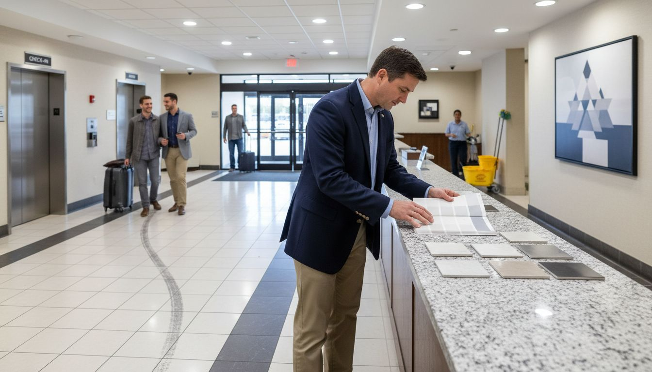 Busy hotel lobby tile floor with manager