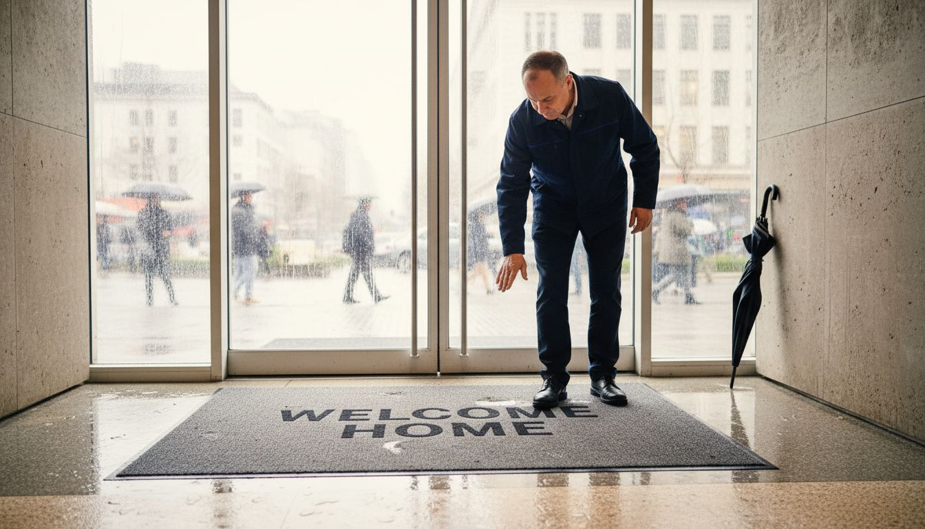 Manager uses doormat at rainy office entry