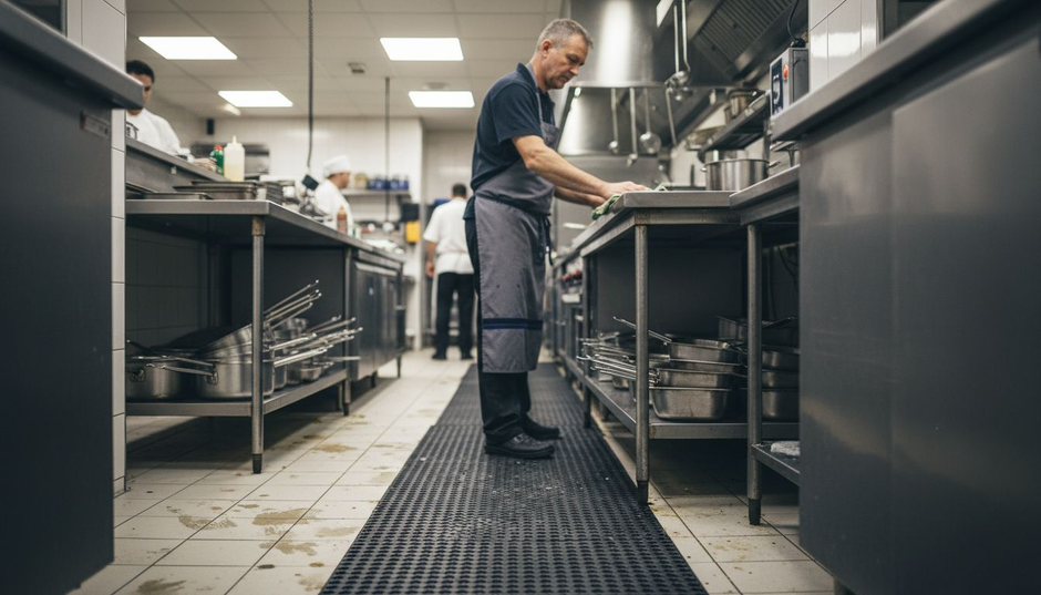 Line cook using non slip kitchen mat