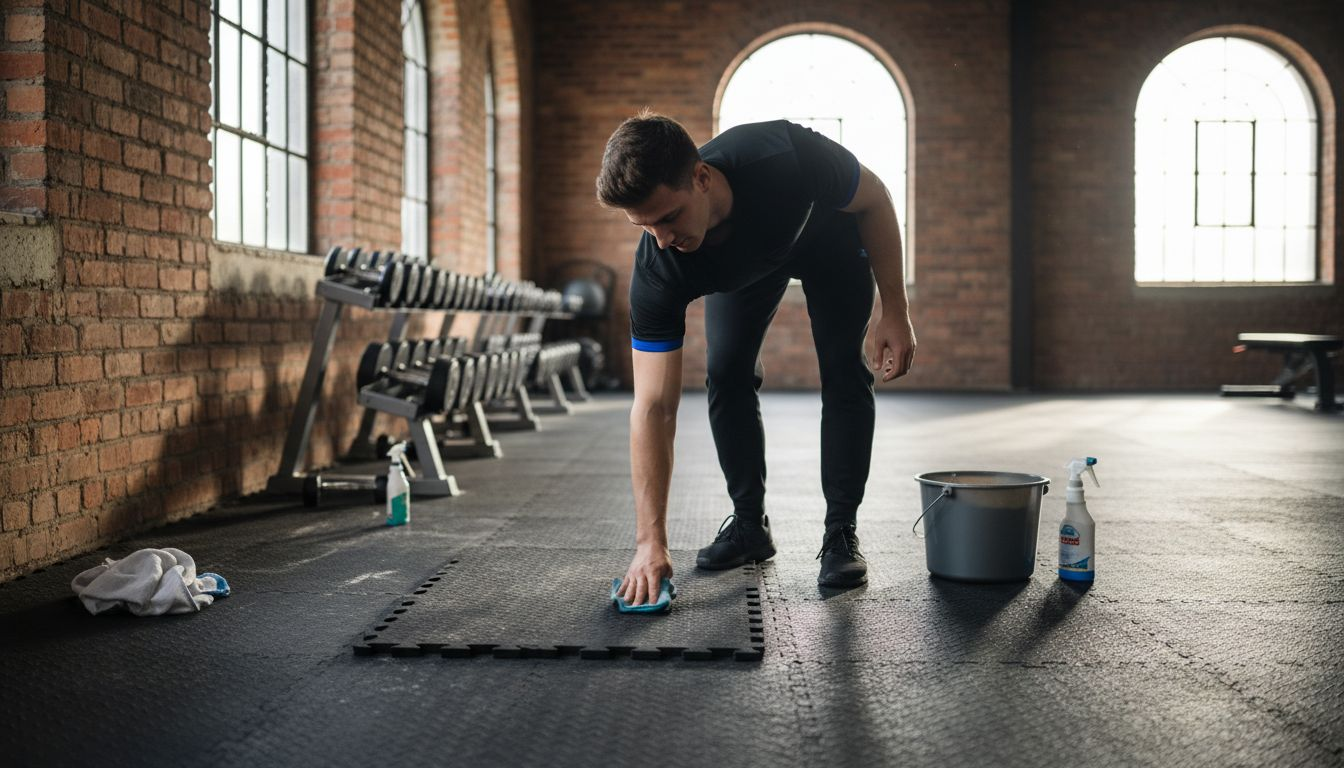Person cleaning rubber gym floor mats in sunlight