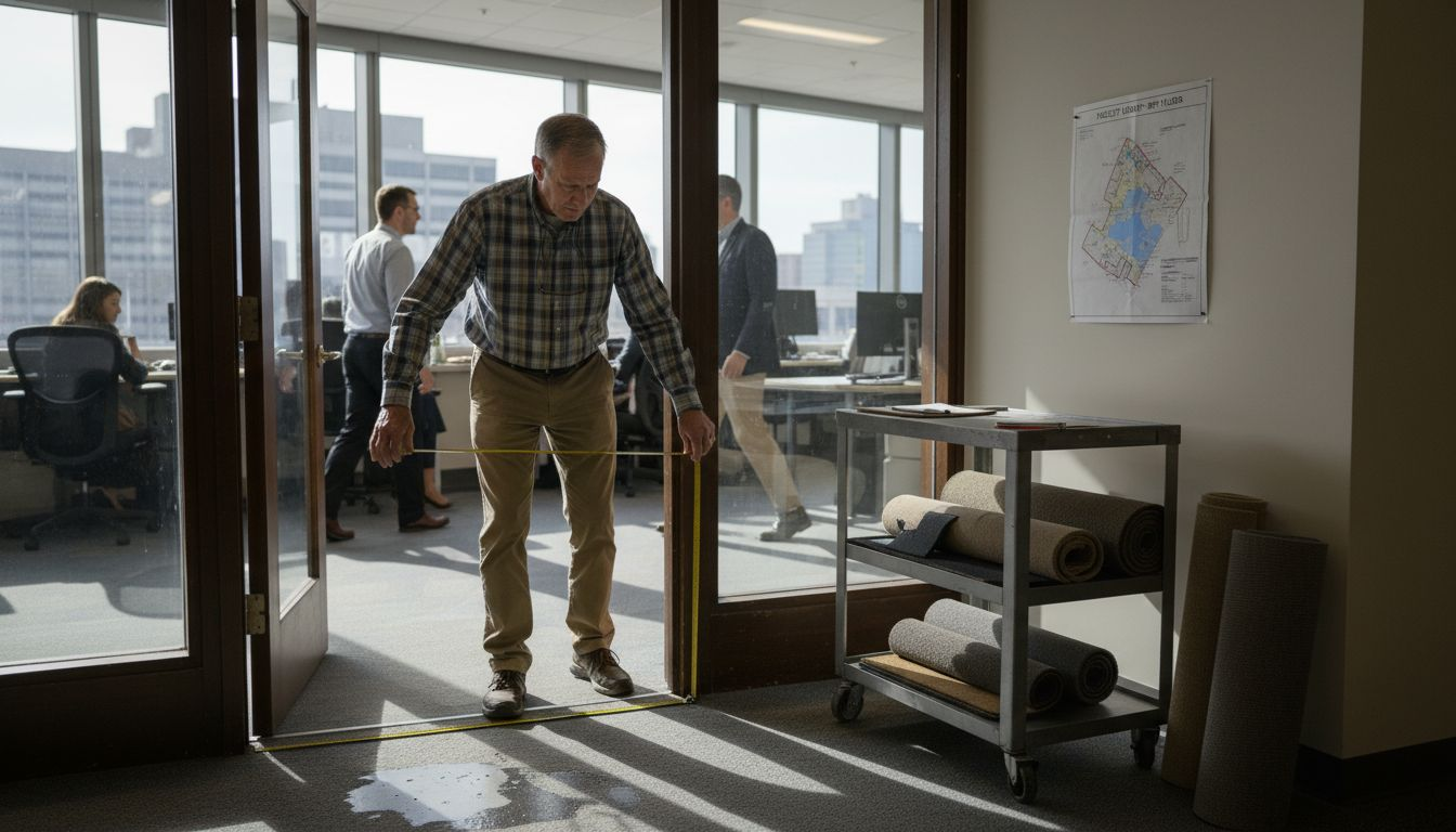 Facility manager measuring office entry for floor mat