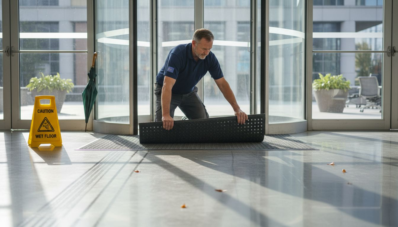 Facilities manager adjusting door mat at corporate entrance