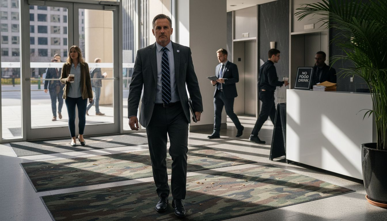 Building manager entering lobby with camo floor mats