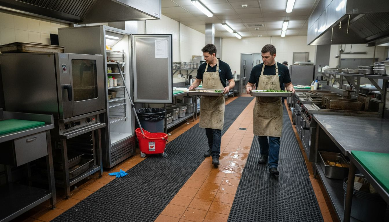 Chefs walking on black floor mats in busy kitchen
