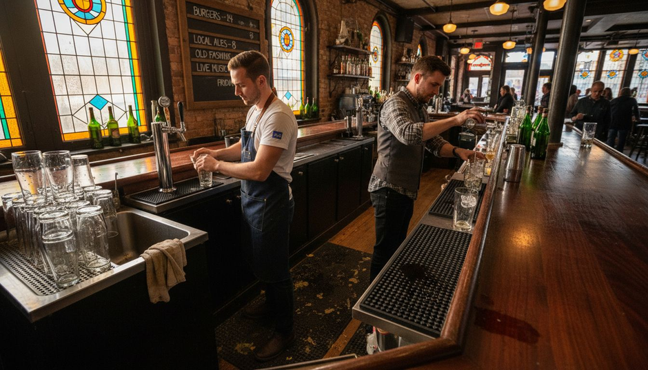 Bartenders working on rubber mat behind bar
