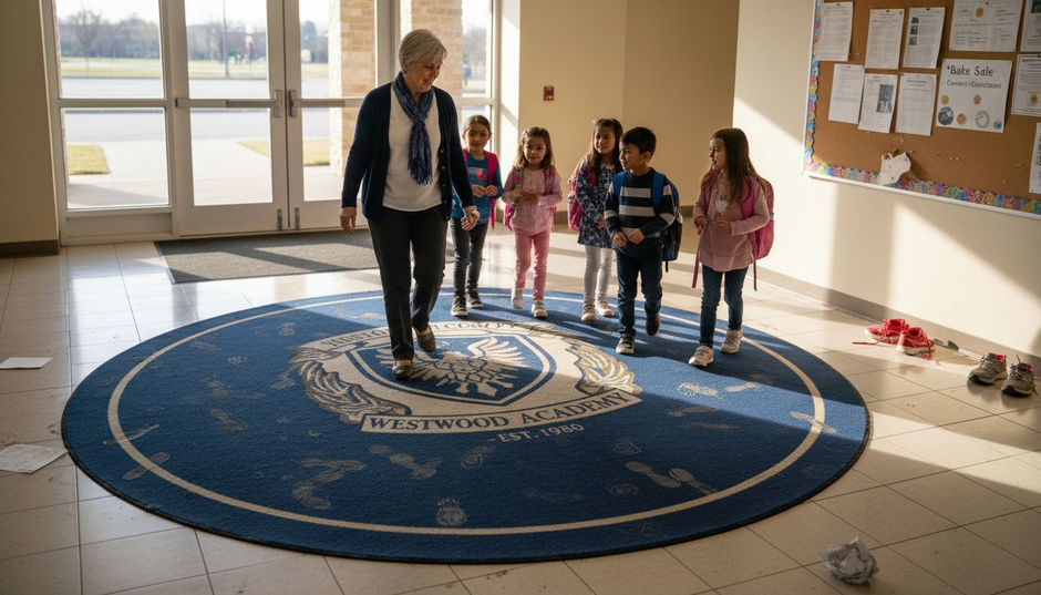 Students crossing custom logo rug in school entrance