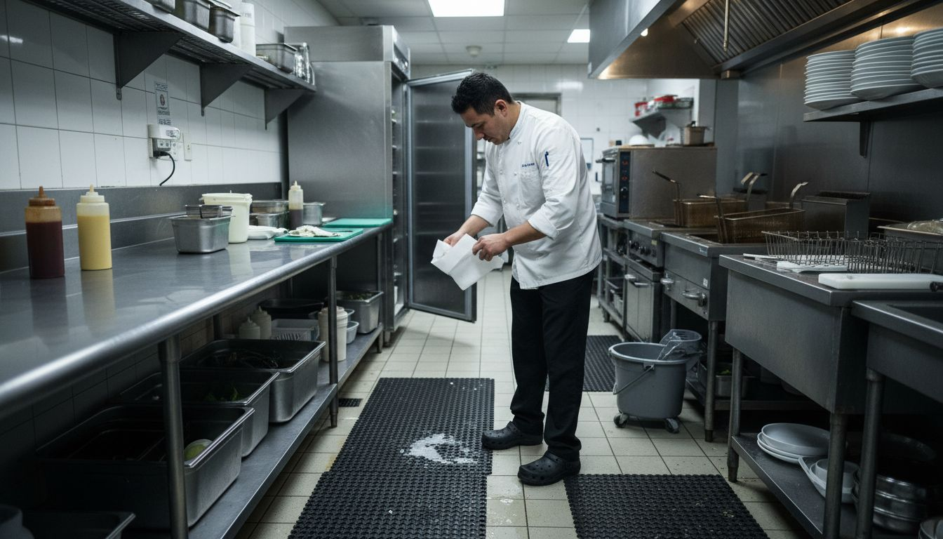 Chef cleaning spill on non-slip kitchen mat