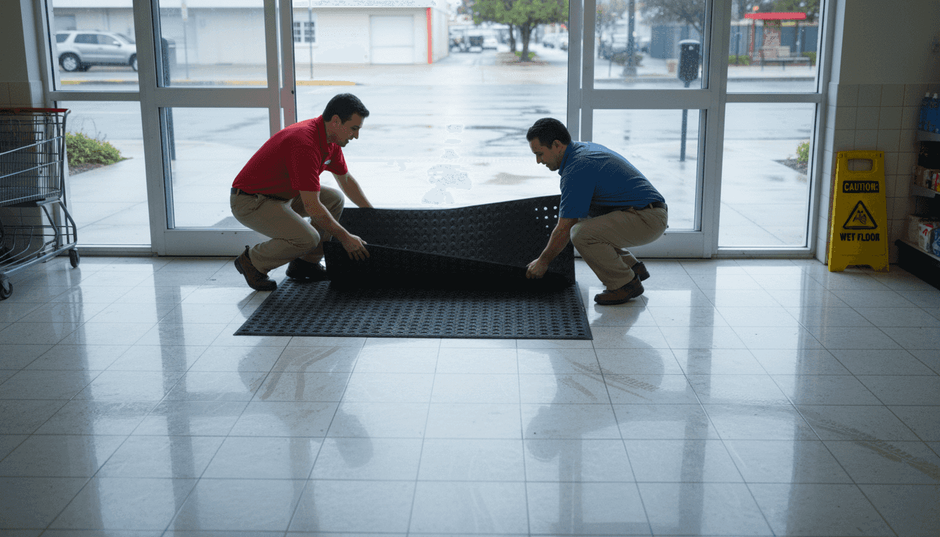 Workers positioning rubber mat at retail entrance