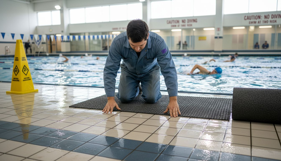 Worker installing safety mat on wet pool deck