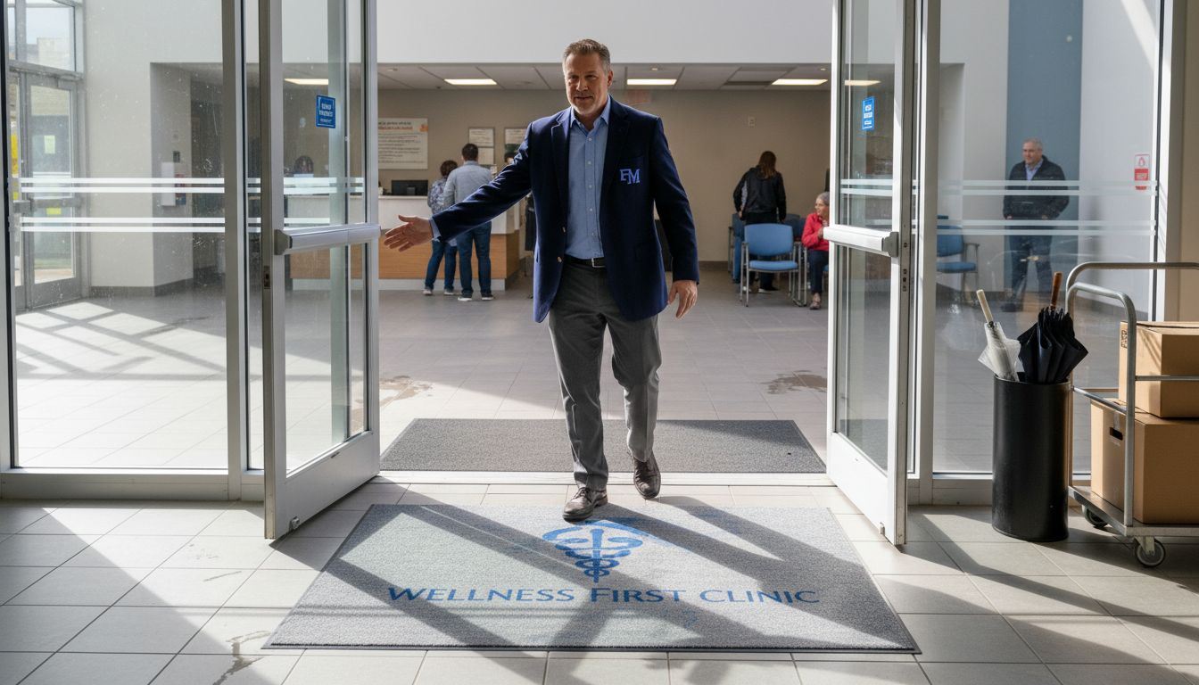 Facility entrance with custom logo door mat