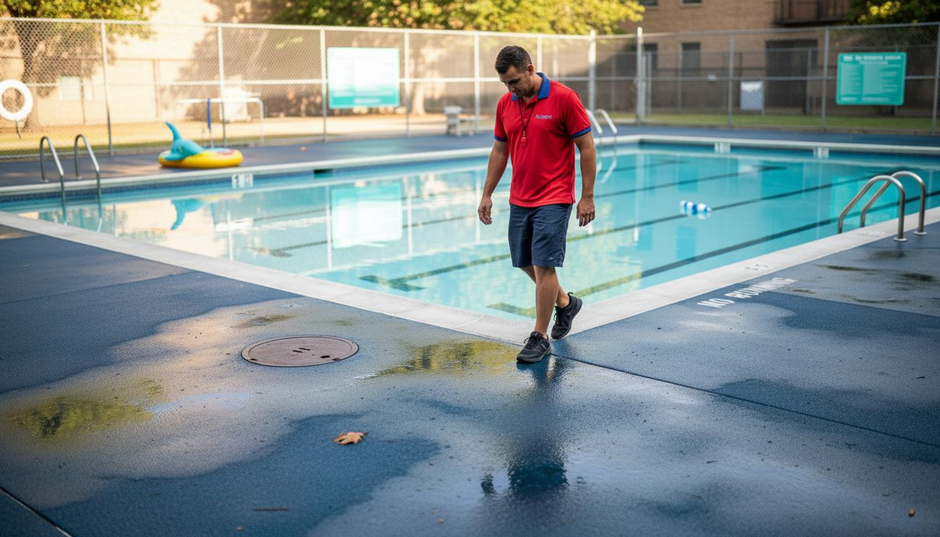 Lifeguard checking rubber flooring beside pool