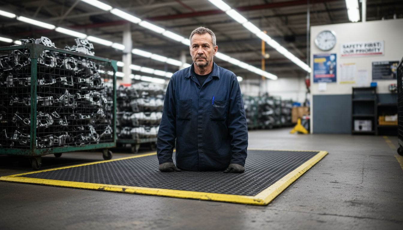 Worker using anti-fatigue mat at assembly line