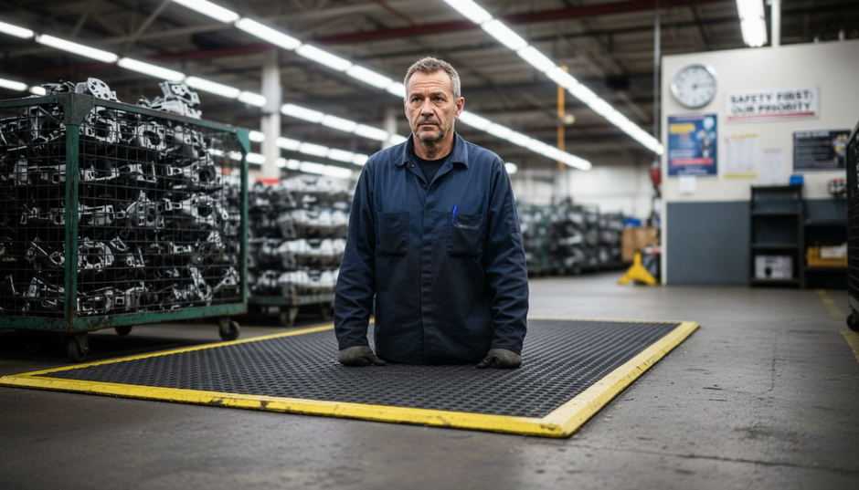 Worker using anti-fatigue mat at assembly line