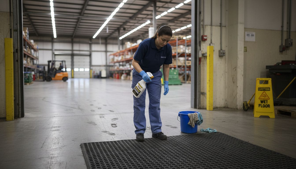 Worker cleaning rubber floor mat by entrance