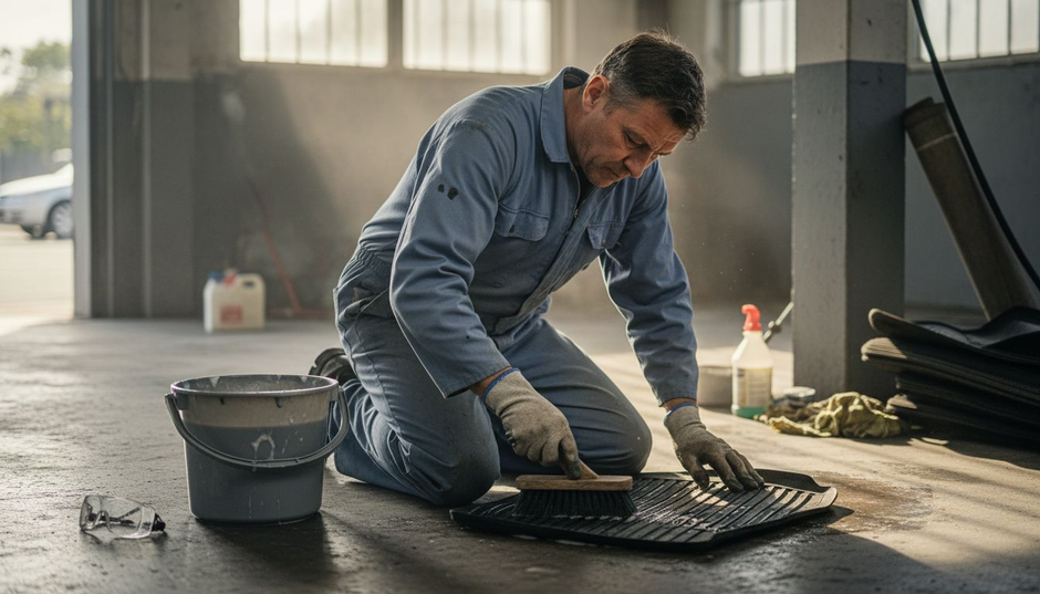 Janitor scrubs rubber car mat in garage