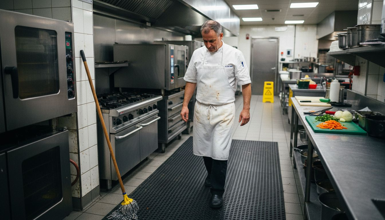 Chef walking on non-slip kitchen mat