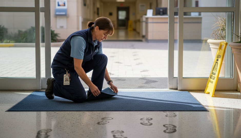 Facility manager checking brush rug installation